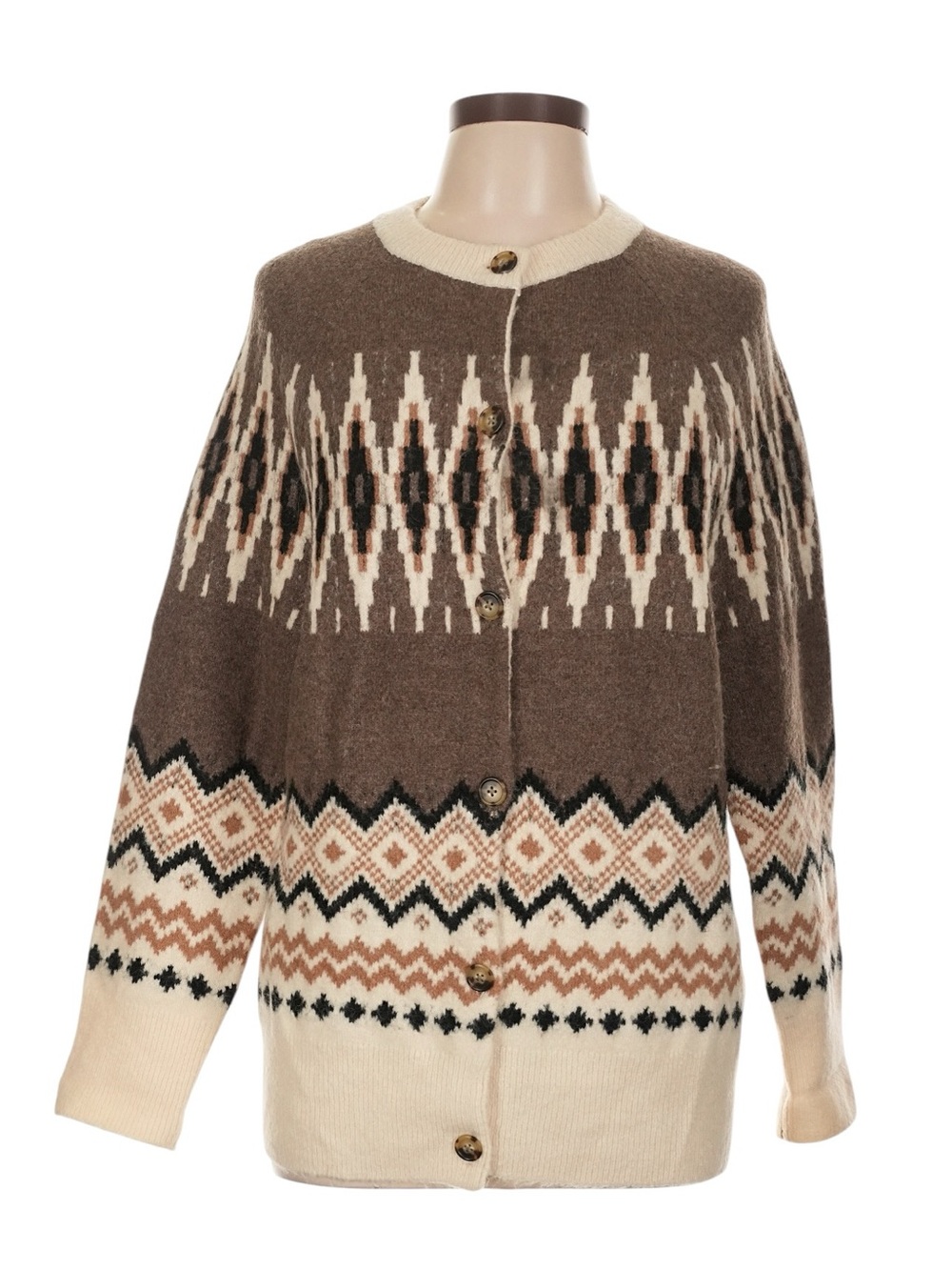 J. Crew Sweater Wool Blend Fair Isle Cardigan L Brown Cream Relaxed Fit Fall